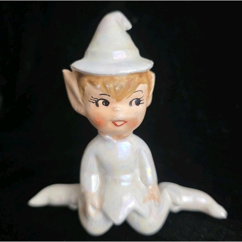 Lefton Pixie Elf White Iridescent Pearl Vintage Fairy Figurine 1950's Japan